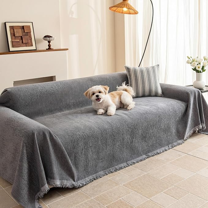 MEETSKY Grey Sofa Cover for Dogs Cats Tassel Edge Couch Cover Furniture Protectors Universal Couch Cover Thick Durable Sectional Couch Covers for 3 Cushion Couch, 91"x 118", Dark Grey by MEETSKY