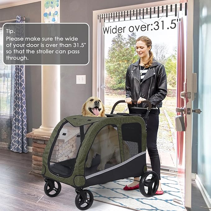 Dog Stroller for Large Dogs, Extra Large Pet Stroller for Medium Dogs, Dog Wagon Carriage, Foldable Design, Adjustable Handle, with Pocket, Up to 160 lbs, Green