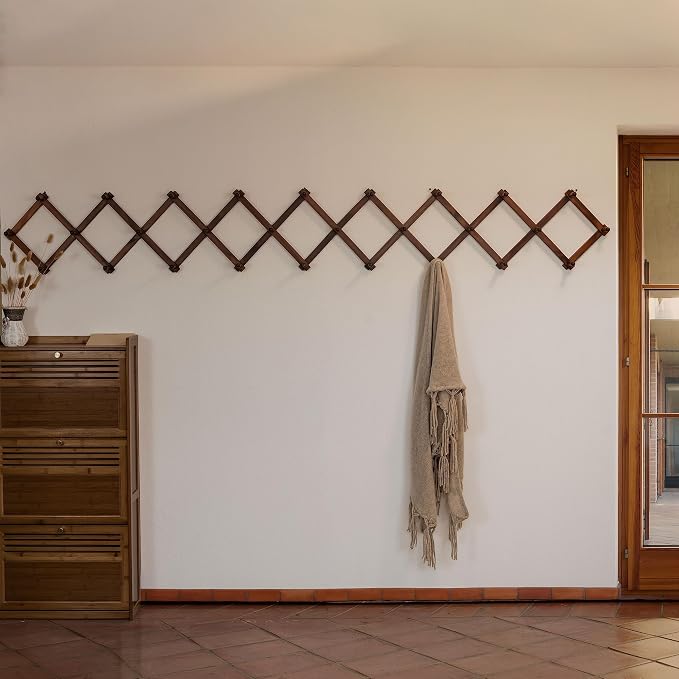 SKOLOO Accordion Wall Hanger with 28 Hooks, Modern Expandable Coat Rack Hat Rack for Wall, Solid Wooden, Walnut Color - Image 2