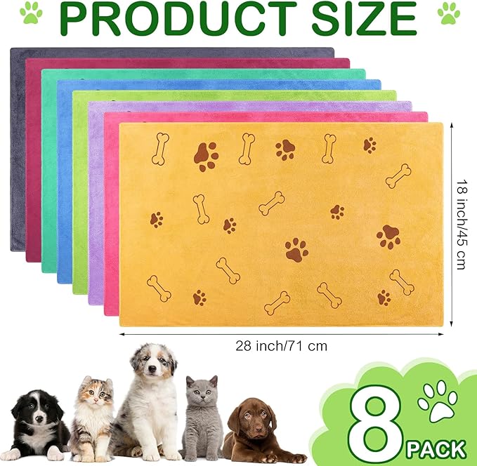 Chumia 8 Pcs Microfiber Dog Towels for Drying Dogs Cats 18 x 28 Inch Pet Towels Bulk for Medium Puppy Absorbent Fast Drying Paw Bath Bathing Supplies for Pets(Dog Paw and Bone,Colorful) - Image 2
