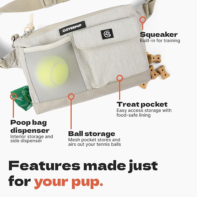 Cleverpup Dog Walk & Train Sling Bag - Hands-Free Dog Walking & Training Bag with Treat Pouch, Poop Bag Holder & Phone Pocket - Crossbody or Fanny Pack, Adjustable Strap - Sand - Image 4