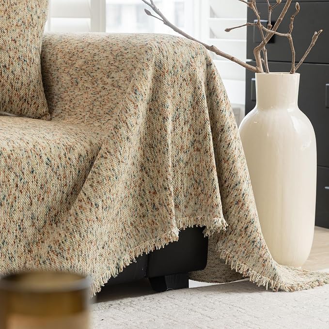 ROOMLIFE Boho Beige Couch Cover for Dogs, Washable Non Slip Furniture Protector Couch Sofa Covers for 3 Cushion Couch, Soft Chenille Couch Cover Throw Blanket with Tassels 71''X118'' - Image 3