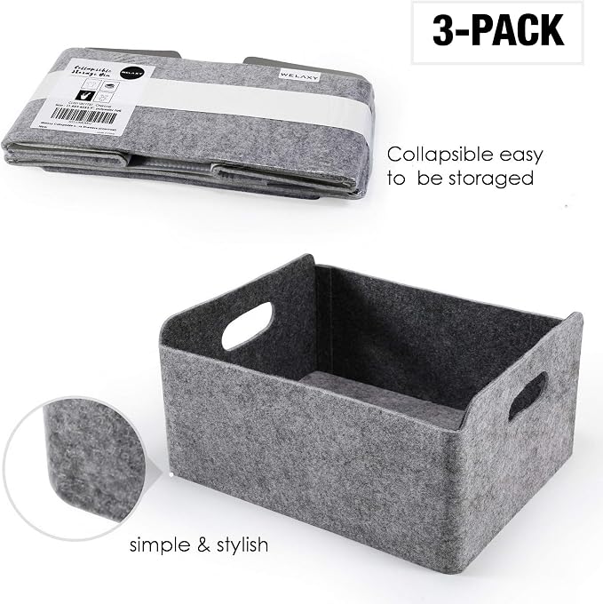 Welaxy Storage Baskets Collapsible Felt Storage bin Foldable Shelf Drawers Organizers for Kids Pet Toys magazine Books Clothes Closet Cabinet decluttering (Charcoal x 3) - Image 3