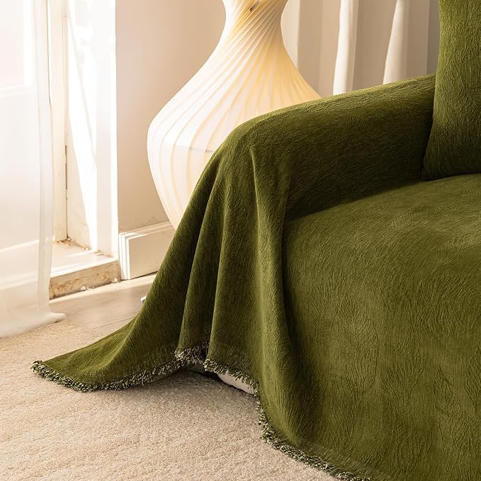 Green Boho Couch Covers for Sofa Washable for 2 Cushion Couch,71''X118'' | Chenille Furniture Protector Sofa Couch Cover for Dogs, Soft Breathable Sofa Slipcover, Couch Throw Blankets with Tassels - Image 3