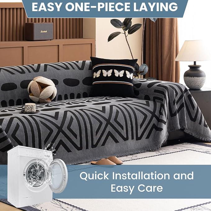 STACYPIK Boho Dark Grey Couch Cover for Pets Non Slip Black Geometric Sofa Cover Anti-Scratch Furniture Protector for 2 Cushion Couch with Tassels Multi-Use Sofa Slipcover for Sectional-71X118IN - Image 4