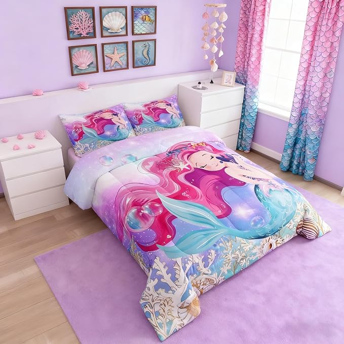 Cute Mermaid Bedding Set,Beautiful Mermaid Fairy Tale Comforter,Kids Girls Women Bedding Decor,Dreaming Undersea World Duvet Insert Queen Size 3 Pieces - Image 2