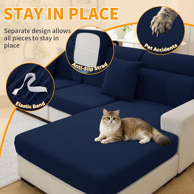 XINEAGE Couch Cushion Covers Seat Cushion Cover Thick Stretch Sofa Slipcovers 3 Piece Individual Couch Covers with Elastic Bottom(3 Seat Cushion/Backrest,Navy Blue) - Image 5