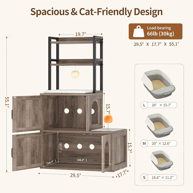 Heybly Cat Litter Box Enclosure Furniture, Double Hidden Litter Box Cabinet with Cat Tree, Large Litter Box Enclosure with Shelves & Storage, Cat House for 2 Cats, Cat Box Enclosure, Greige HCLB002SG - Image 7