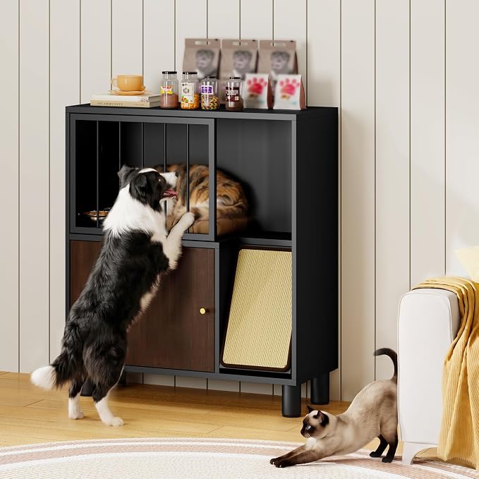 Dog Proof Cat Feeding Station, Metal Cat Feeding Cabinet, Black | Elevated Cat Feeding Station, Pet Food Station with Storage, Cat Bowl Stand, Scratching Board, Stainless Steel Bowls - Image 8