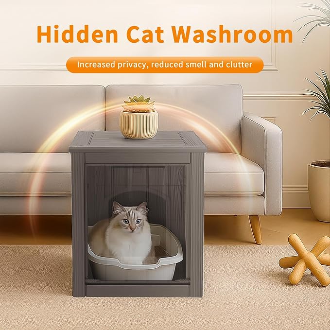 Cat Litter Box Enclosure, Plastic Hidden Litter Box Side Table with Openable Front Door, Cat Box Enclosure Cabinet for Indoor & Outdoor Use, Weatherproof, Easy to Clean & Assemble, Grey - Image 2