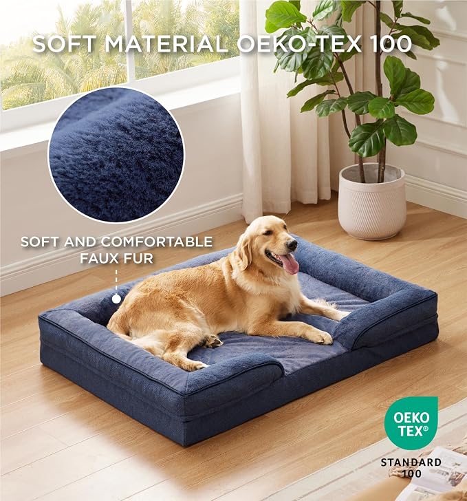 Made4pet Dog Bed Orthopedic Dog Sofa for Extra Large Dogs, Supportive Foam Pet Cushions Bed with Washable Removable Cover, Egg-Crate Foam, Waterproof Lining Bottom, Blue, 48 * 35 * 8 Inch - Image 2