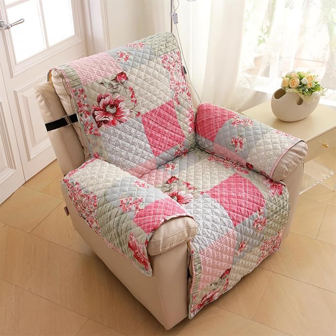 Cmfshape Skidproof Sofa Cover-Patchwork Sofa Slipcover with Elastic Straps-Easy Fit Slip Cover-Rose Washable Furniture Protector for Pets and Kids(Chair,Pink&Grey) - Image 2