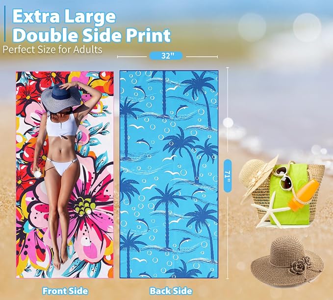 TwoYek Microfiber Beach Towel Extra Large 71x32 inches Floral Print | Thin & Lightweight, Sand Free, Super Absorbent Quick Dry, Oversized Towel for Beach Bath Pool Swim Travel Accessories Gifts - Image 2