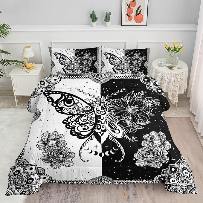 Black White Butterfly Comforter Set Bohemian Butterfly Printed Bedding Set with 1 Comforter and 2 Pillowcases for Boys and Girls Bedroom All Season(Butterfly-2 Twin) by SmellSunshine
