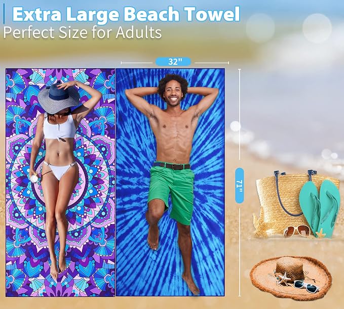 Microfiber Beach Towel Oversized 71x32, Thin, Blue with Bag 2 Pack | Lightweight Sand Free Absorbent Quick Dry Compact Extra Large for Adult Travel Camping Pool Swim Bath Cruise Essentials Gift - Image 4
