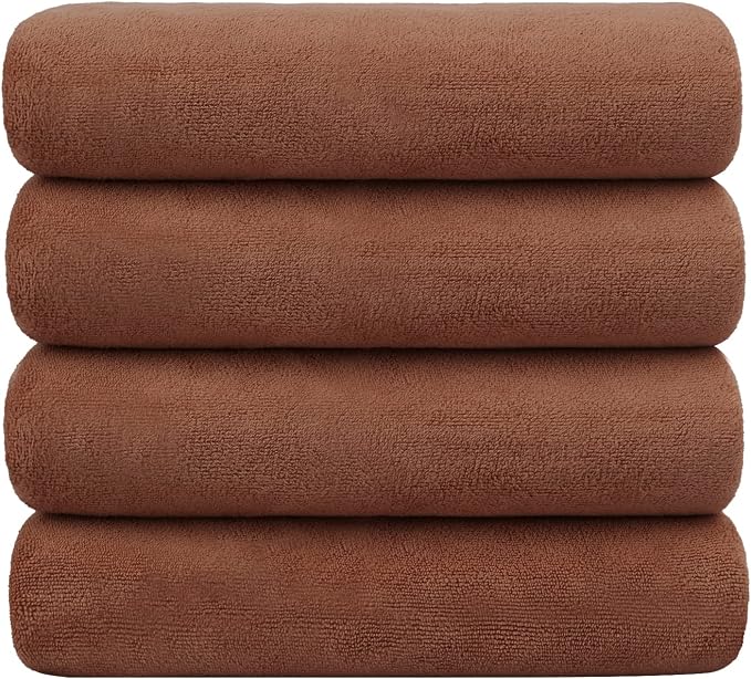 JML Microfiber Bath Towels, 30" x 60", 4 Pack, Brown | Oversized, Soft, Super Absorbent, Fast Drying Bathroom Towel Set for Sport, Fitness, Yoga by JML