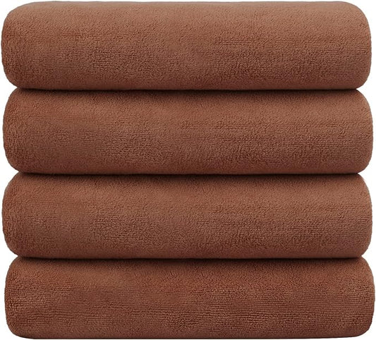 JML Microfiber Bath Towels, 30" x 60", 4 Pack, Brown | Oversized, Soft, Super Absorbent, Fast Drying Bathroom Towel Set for Sport, Fitness, Yoga by JML
