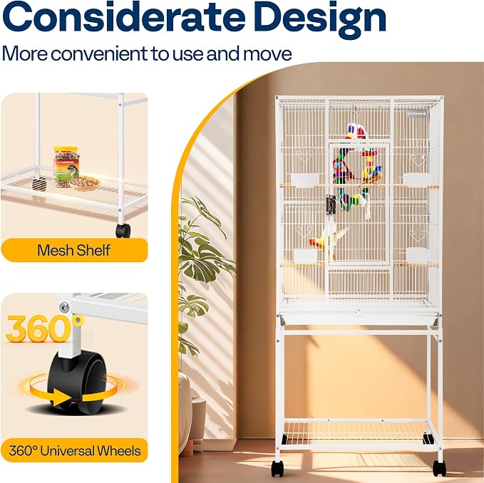 VIVOHOME 54 Inch Wrought Iron Large Bird Cage with Rolling Stand | Bird Flight Cage with Stand, Casters, Slide-out Tray for Parakeets Canaries Parrot Cockatiels Lovebirds Conures, Whtie - Image 4