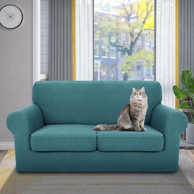 YEMYHOM Latest Checkered 3 Pieces Couch Covers for Couch High Stretch Sofa Cover with 2 Extra Large Seat Cushion Covers Anti Slip Elastic Slipcovers (XL Loveseat, Peacock Blue), 71" - 91" (2 CUSHIONS) - Image 2