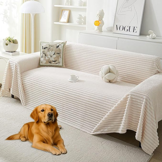 HAOMAIJIA Faux Fur Sofa Covers Couch Covers for 2 Cushion Couch Sofa Pet Friendly Soft Non Slip Couch Cover for Dogs Washable Sectional Couch Covers L Shape Furniture Protector (Off White, 71"x102") by HAOMAIJIA