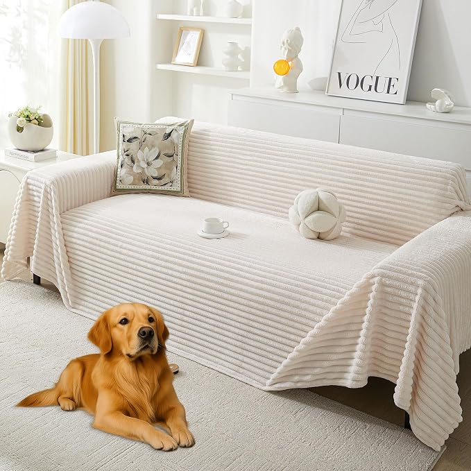 HAOMAIJIA Faux Fur Sofa Covers Couch Covers for 2 Cushion Couch Sofa Pet Friendly Soft Non Slip Couch Cover for Dogs Washable Sectional Couch Covers L Shape Furniture Protector (Off White, 71"x118") by HAOMAIJIA