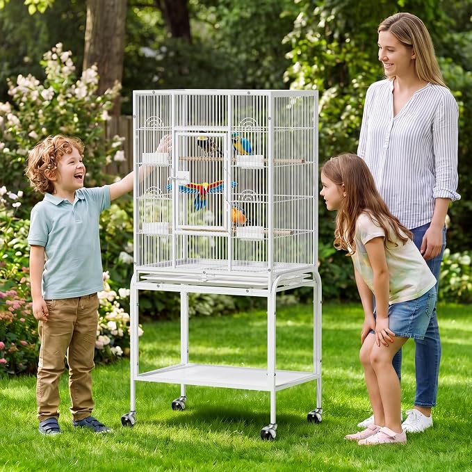 VINGLI 53-inch Bird Cage with Wheels, Durable Wrought Iron Parakeet Cage with Slide Out Tray, Black Bird Cages for Parakeets/Lovebird/Cockatiels/Budgies and Other Small/Medium Birds (White, 53 inch) - Image 8