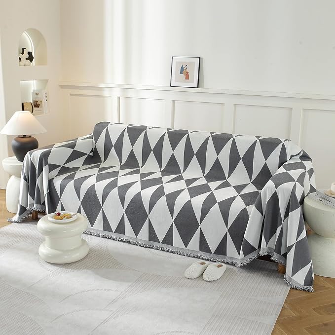 Couch Cover for Sofa, Boho Sofa Cover Washable Couch Cover for Dogs, Pet Sofa Cover for 1-Cushion Couches with Tassel Furniture Protector Cover,71" x 91",Dark Gray-Diamond - Image 2
