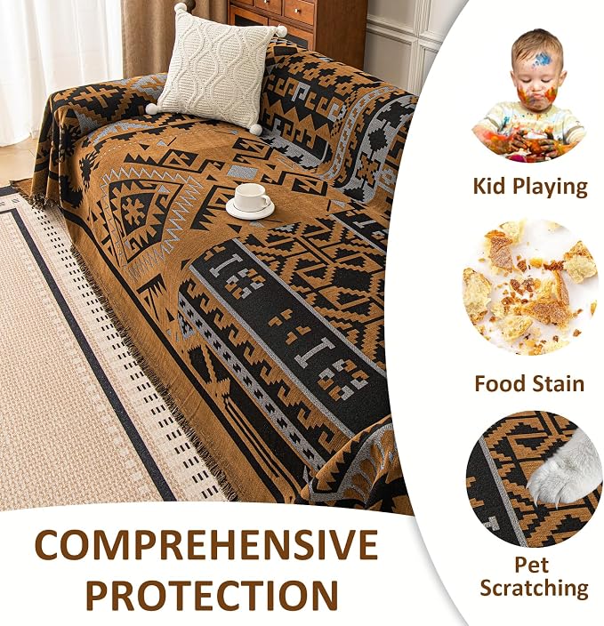 VClife Boho Couch Cover, Aztec Sofa Cover for Dog, Non Slip Washable Couch Covers for 2 Cushion Couch Sofa, Reversible Triangle Geometric Loveseat Cover Furniture Protector (Black-Pumpkin, 71" x 118") - Image 4