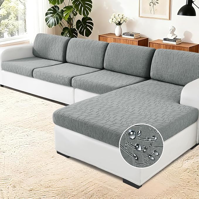 MAXIJIN Waterproof Sectional Couch Cover 3 Pieces Stretch Couch Cushion Covers for Sectional Sofa L Shape Seat Slipcovers with Elastic Bottom for Dogs Pets (2 Seater + 1 Chaise, Light Gray) by MAXIJIN
