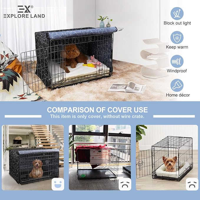 Explore Land Pattern Dog Crate Cover for 48 Inches Wire Cage, Heavy-Duty Polyester 1 2 3 Doors Standard Metal Pet Kennel Enclosure (Brief Polygonal) - Image 3