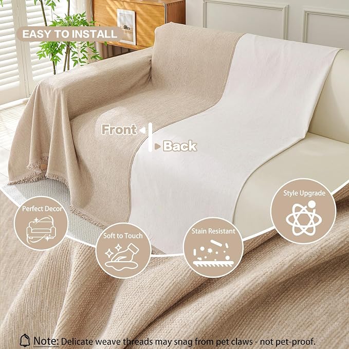 DREAMINGO Sofa Covers Washable Thick Chenille Couch Cover for 3 Cushion Couch Sofa Multi-Use Couch Cover Blanket Modern Pet Furniture Protector Sectional Couch Slipcover 71"x134", Khaki - Image 3