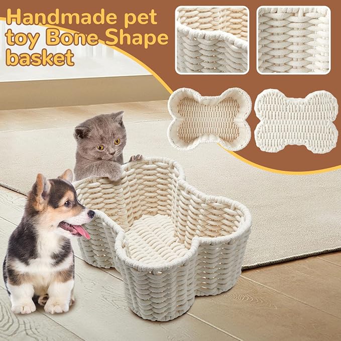 Barydat 2 Pcs Dog Toy Basket Dog Toy Bin Bone Shaped Handmade Pet Organizer for Pet White Cotton Rope Basket (16.5 x 12.4 x 6.89 and 13.39 x 9.25 x 5.4) - Image 4