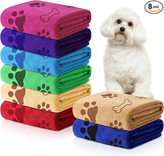 Chumia 8 Pcs Microfiber Dog Towels for Drying Dogs Cats 40 x 24 Inch Pet Towels Bulk for Large Puppy Absorbent Fast Drying Paw Bath Bathing Supplies for Pets(Dog Paw and Bone,Bright Color) by Chumia