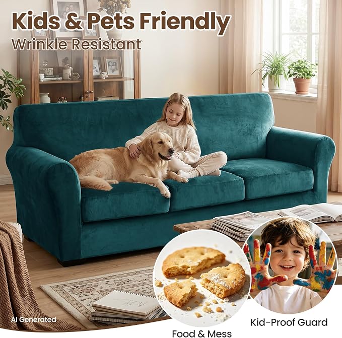 XINEAGE 3-Piece Velvet Sofa Cover,Couch Covers for Dog,Dark Green | 2 Cushion Sofa,Stretch Non-slip Elastic, Pet-friendly, Washable, Fast Setup, Soft Plush Fabric, Furniture Protector. - Image 6
