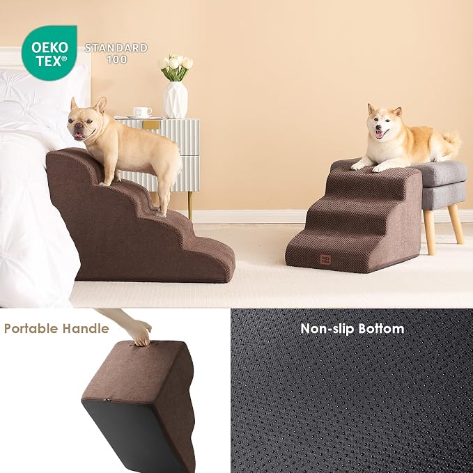 EHEYCIGA Curved Dog Stairs Ramp for Small Dogs 15.7" H, 3-Step Dog Steps for Couch Sofa and Chair, Pet Stairs for Cats, Non-Slip Balanced Pet Steps Indoor, Brown - Image 5