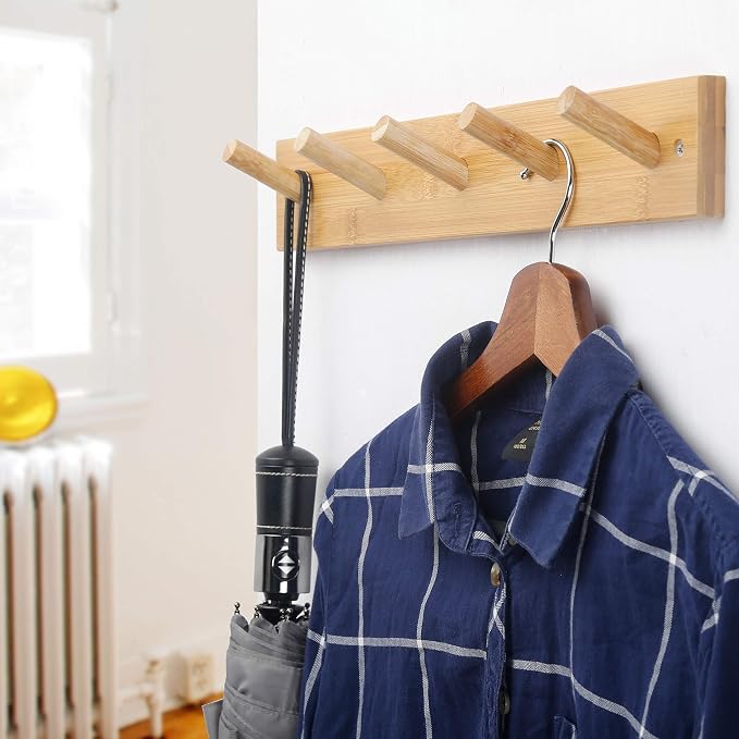 WEBI Coat Rack Wall Mounted,16" Hole to Hole,Coat Hanger Wall Mount with 5 Hooks for Hanging Coats,Hook Rack Peg Rail for Hats,Jacket,Clothes,Towels,Natural,2 Packs - Image 6