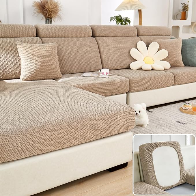 Couch Cushion Covers & Couch Cover for Sectional Sofas, Reversible Non-Slip Sofa Slipcovers, Washable Pet Proof Home Decor Protector (Light Coffee, 3 Seats + Chaise Cover) by Unknown