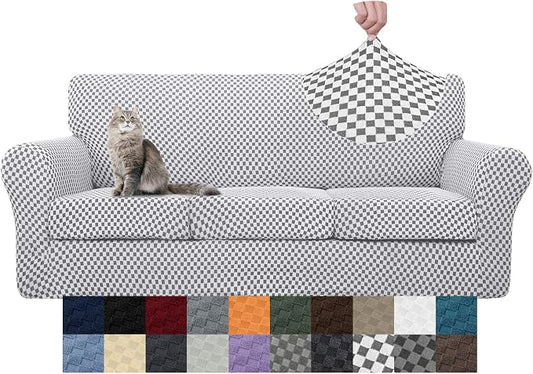 YEMYHOM Latest Checkered 4 Pieces Couch Covers for 3 Cushion Couch High Stretch Thickened Sofa Cover for Dogs Pets Living Room Elastic Slipcovers (Black and White Checkered), 71"-91"(3 Cushions) by YEMYHOM