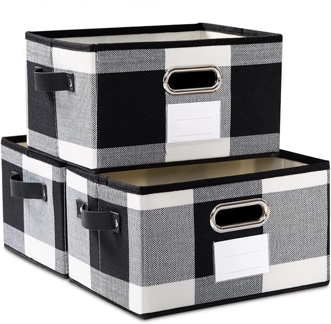 PRANDOM Large Collapsible Storage Baskets for Closet [3-pack] Decorative Fabric Storage Bins Cubes with Leather/Metal Handles for Shelves Bedroom Living Room Black and White Grid (14.9x9.8x8.3 Inch) by Prandom