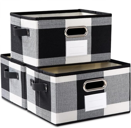 PRANDOM Large Collapsible Storage Baskets for Closet [3-pack] Decorative Fabric Storage Bins Cubes with Leather/Metal Handles for Shelves Bedroom Living Room Black and White Grid (14.9x9.8x8.3 Inch) by Prandom