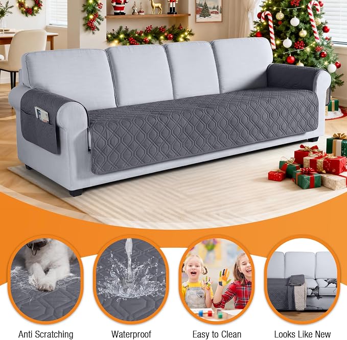 VANSOFY Waterproof Oversized Couch Cover for Pets, Dark Gray, 72.4" | Non-Slip, Washable, Utility Pockets, Pet Friendly, Furniture Protector Slipcover for 4 Cushion Couch - Image 4