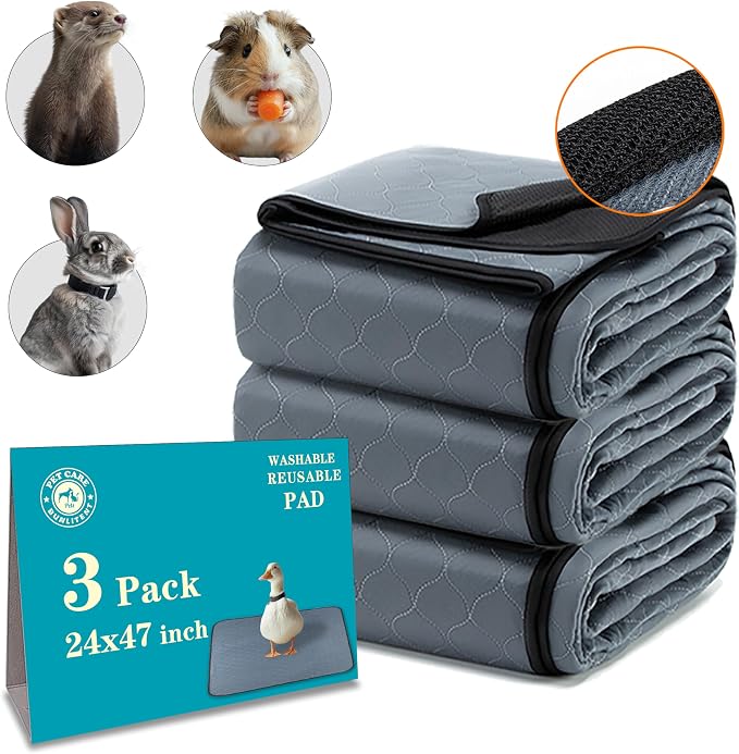 Bunlitent Washable Guinea Pig Cage Liner, 24x47 (3 Pack), for Small Animals | Waterproof, Reusable, Anti Slip, Guinea Pig Bedding Fast and Super Absorbent Pee Pad for Midwest Cage Area, Grey by Bunlitent