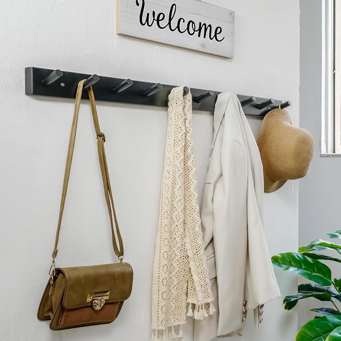 WEBI Coat Rack Wall Mounted,10 Hooks,38" Long Coat Hanger Wall Mount,Bamboo Peg Rail Hat Hooks for Hanging Caps,Jacket,Clothes,Coats,Black,2 Packs - Image 2