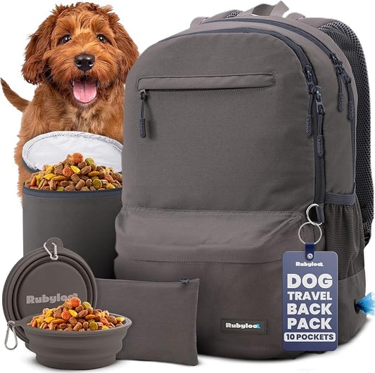 Rubyloo Dog Travel Backpack for Supplies - Dog Diaper Bag with Travel Bowls | 2 BPA-Free Bowls; Food Container & Treat Pouch; Placemat; Laptop Sleeve; Poop Bag Dispenser, Hiking, Camping & Road Trips, by Rubyloo