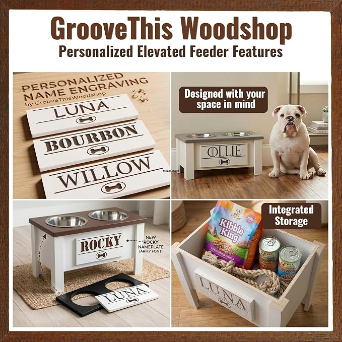 Elevated Dog Bowls for Small Dogs, Personalized Food Stand for Small Breed | Farmhouse Style, Elevated Wood Stand, Storage Container, Stainless Steel Bowls, Raised Anti-Slip Feeder, Made in USA - Image 4