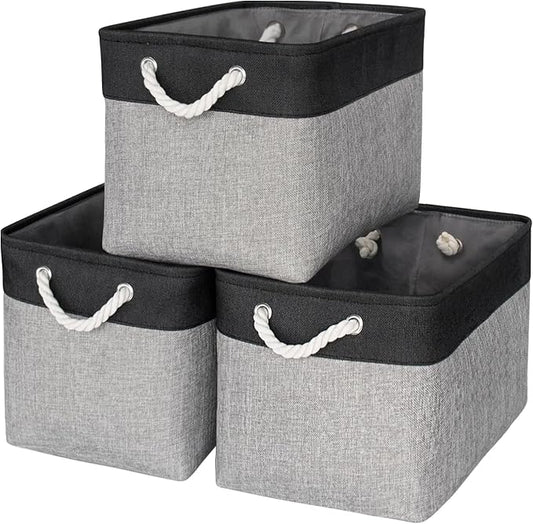TheWarmHome Storage Basket for Organizing - 16x12x12 inch Cube Storage bin 3 Pack Fabric Storage Cubes, Collapsible Storage Box for Organizer Cloth Gift Toy Closet (Black & Grey) by TheWarmHome