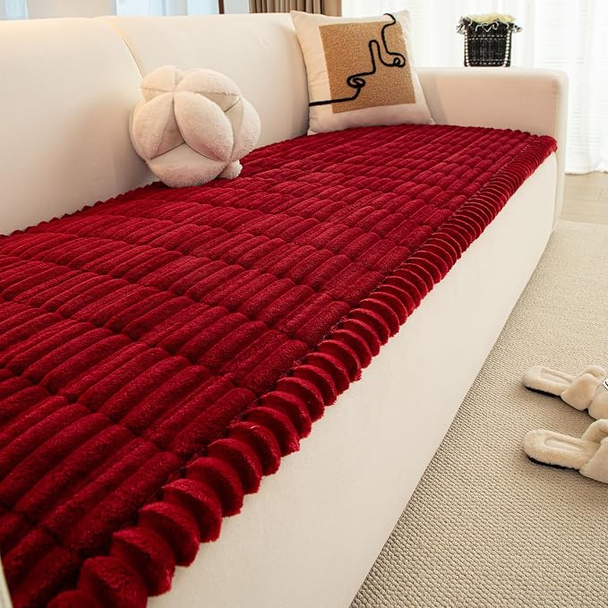 Christmas Faux Fur Plush Dog Couch Cover, 3D Stripe Fuzzy Sofa Covers, Non-Slip Fluffy Dog Bed Cover Pet Blanket, Washable Furniture Protector for Puppy Cat (Red,35"x70") by WelcometoXSlive