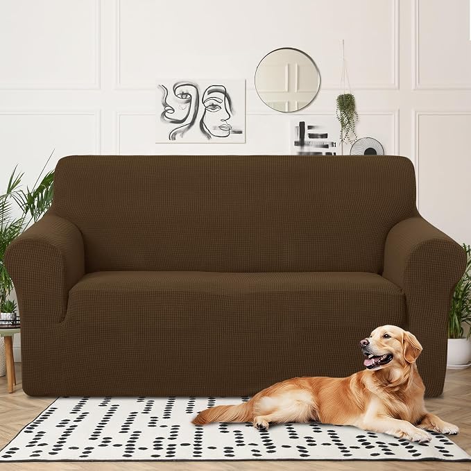 U-NICE HOME Oversized Stretch Loveseat Couch Cover, Brown | 2 Cushion Sofa, 1-Piece Sofa cover, Washable, Pet friendly, Furniture protector, Polyester Spandex Jacquard fabric - Image 2