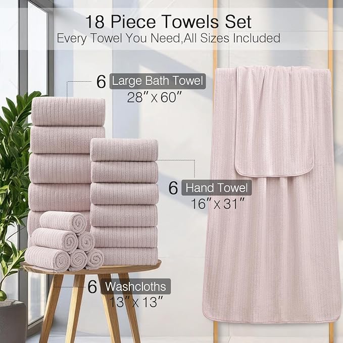 18 Piece Family Bath Towel Set Include 6 Bath Towels,6 Hand Towels and 6 Washcloths Soft Bathroom Towel with Hanging Loops,Highly Absorbent Quick Dry Towels Set for Bathroom,Hotel and Spa-Light Purple - Image 3