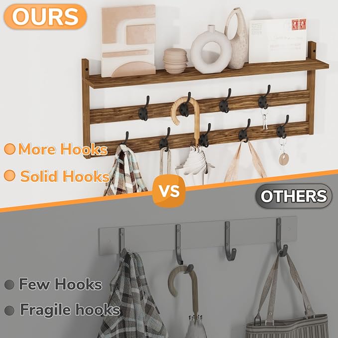 AMBIRD Coat Rack Wall Mount with Shelf, 29" Coat Hooks Wall Mounted with 9 Metal Hooks for Entryway, Bathroom, Bedroom, Living Room, Kitchen, 2 Tier Wall Hooks for Clothes, Hat, Towel, Key, Purse - Image 2
